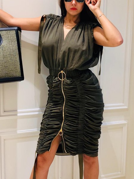 Urban Plain Ruched V Neck Knee Length Dress