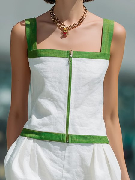 

Cotton And Linen Casual Color Block Split Joint Spaghetti Tank Top, White-green, Tanks and Camis