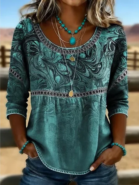 

Crew Neck Half Sleeve Abstract Printing Regular Micro-Elasticity Loose Blouse For Women, Green, Blouses