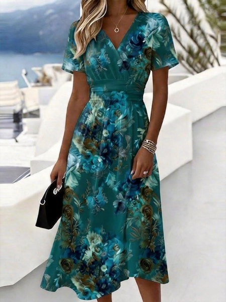

Women Floral Summer Dress V Neck Short Sleeve Beach Dress A-Line Dress, Cyan, Dresses