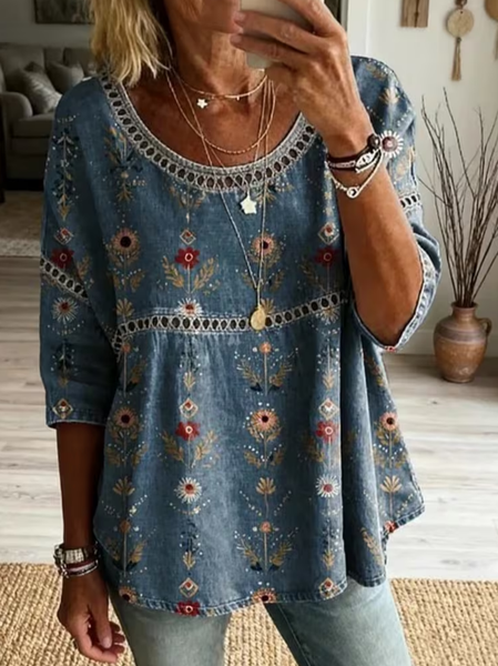 

Women Floral Crew Neck Half Sleeve Blouse Printing Casual Daily Summer Top, Blue, Blouses