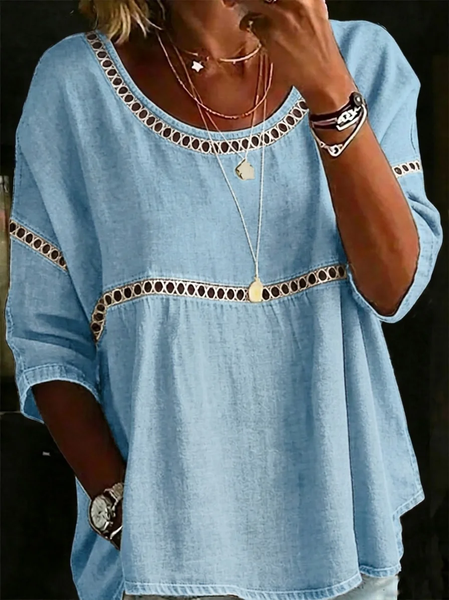 

Women Plain Crew Neck Half Sleeve Blouse Hollow Out Casual Daily Summer Top, Blue, Blouses