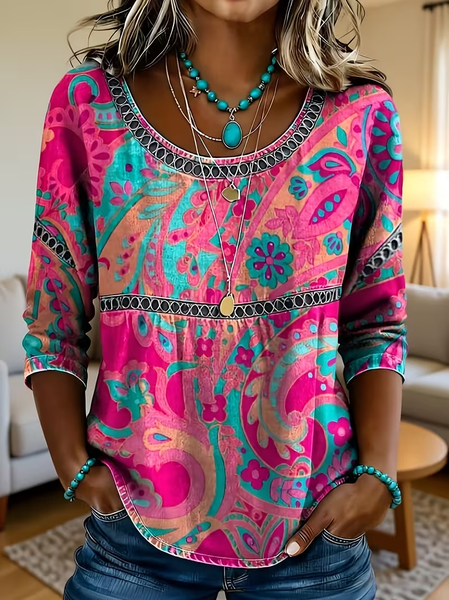 

Crew Neck Half Sleeve Floral Printing Regular Micro-Elasticity Loose Blouse For Women, Pink, Blouses
