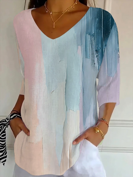 JustFashion – Women Abstract Three Quarter Sleeve Tee T-shirt V Neck Printing Casual Graphic Tee Spring/Fall Top