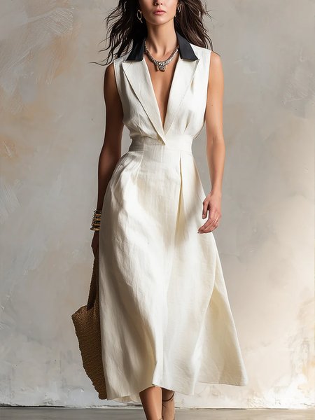 

Cotton And Linen Urban Color Block Distressing Lapel Collar Midi Dress, Black-white, Midi Dresses