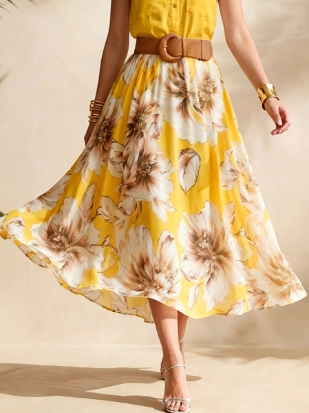 

Casual Printing Floral Midi Skirt With No Belt, Yellow, Skirts