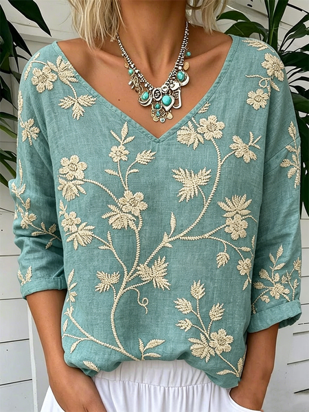 Vintage 3D Printing V Neck Long Sleeve T-shirt