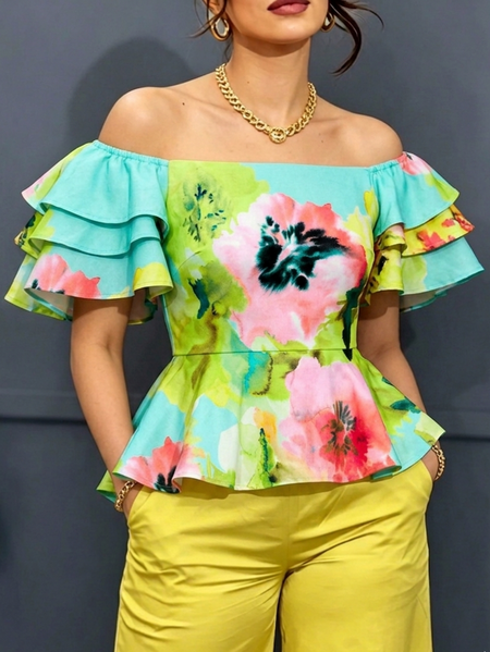 

Elegant Floral Folds Cold Shoulder Ruffle Sleeve Blouse, As picture, Blouses and Shirts