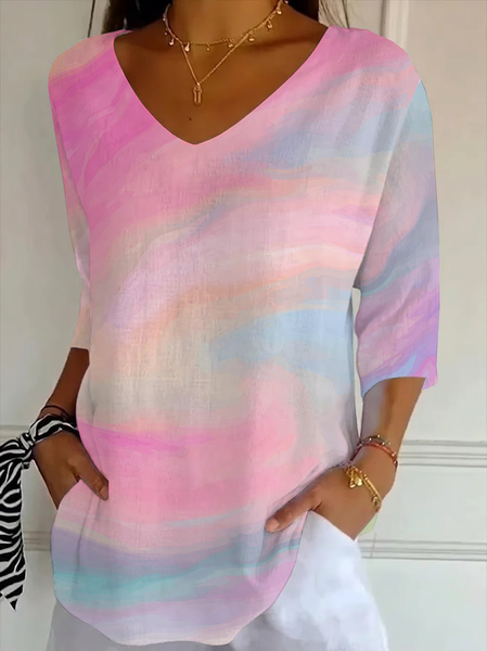 

Women Abstract Three Quarter Sleeve Tee T-shirt V Neck Printing Casual Graphic Tee Spring/Fall Top, Pink, T-Shirts