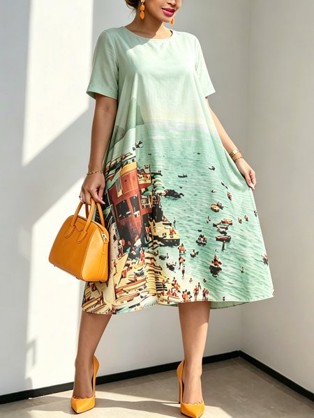 

Casual Random Print Printing Midi Dress, Green, Midi Dresses