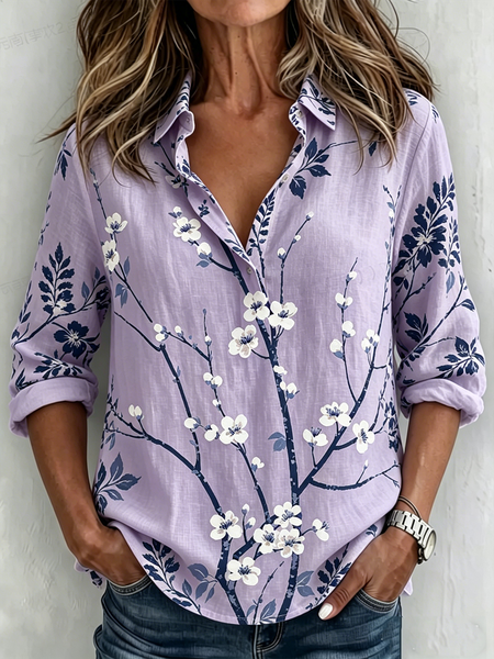 

V Neck Long Sleeve Floral Regular Loose Shirt For Women, Purple, Shirts