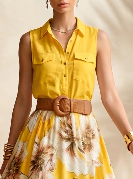 

Casual Plain Pocket Stitching Shirt Collar Shirt, Yellow, Blouses and Shirts