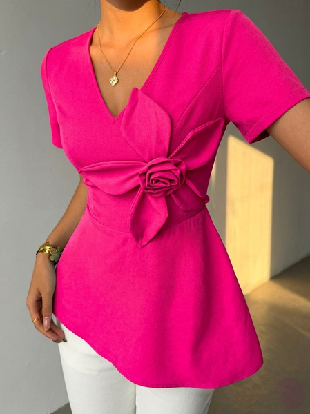 

Urban Plain 3D Floral V Neck T-shirt, Berry pink, Tees