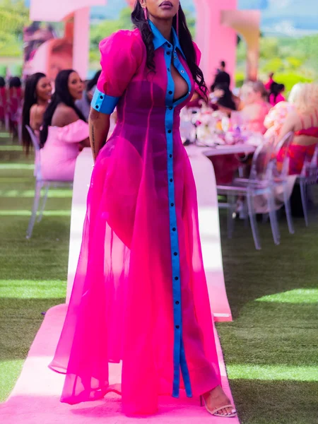 

Elegant Color Block Puff Sleeve Split Joint Shirt Collar Maxi Dress, Deep pink, Maxi Dresses