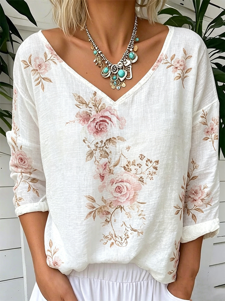 Vintage Floral V Neck Long Sleeve T-shirt