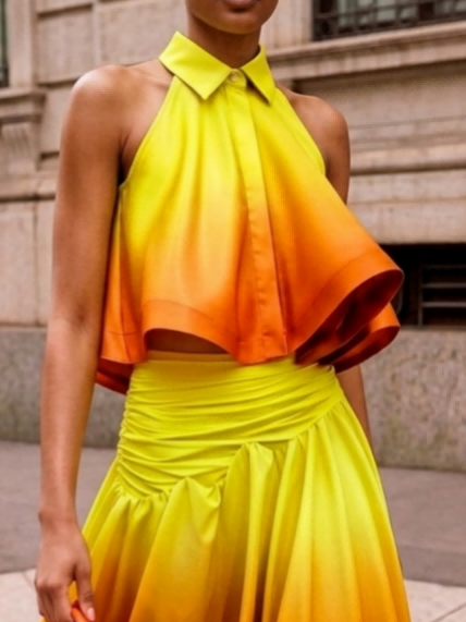 

Elegant Gradient Pattern Printing Halter Neck Tank Top, Orange, Tanks and Camis