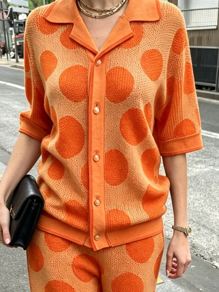 

Casual Polka Dots Shawl Collar Loosen Knit Top, Orange, Cardigans
