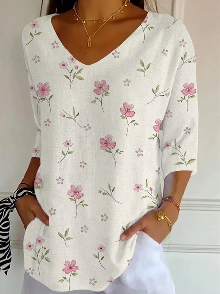

Casual Floral V Neck Three Quarter Sleeve T-shirt, Apricot, T-shirts