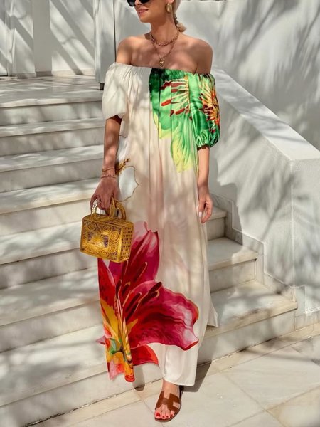 

Vacation Floral Printing Cold Shoulder Maxi Dress, As picture, Maxi Dresses