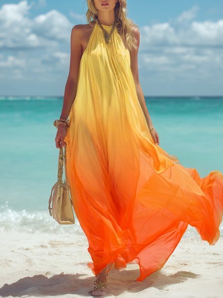 

Vacation Ombre Printing Halter Neck Maxi Dress, Orange, Maxi Dresses