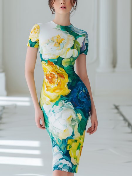 

Elegant Floral Printing Crew Neck Knee Length Dress, As picture, Midi Dresses