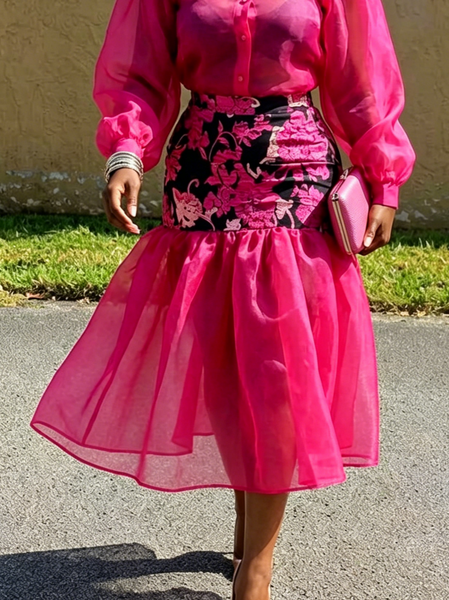 

Elegant Printing Floral Midi Skirt, Rose red, Skirts