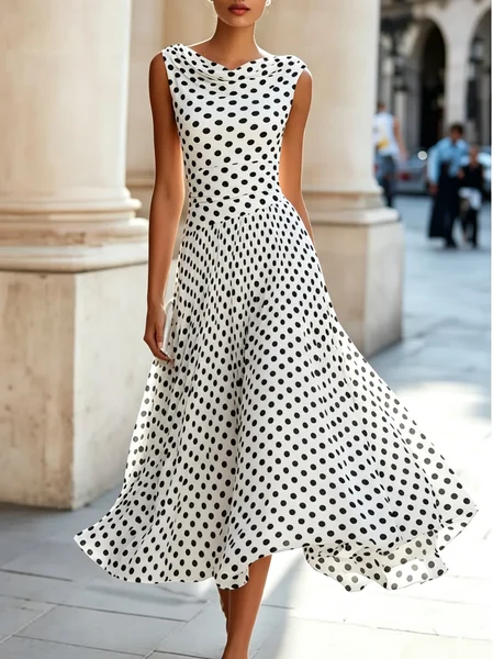 Elegant Polka Dots Cowl Neck Midi Dress