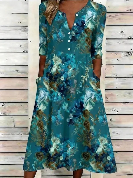 

Women Floral Summer Dress Half Open Collar Half Sleeve A-Line Dress, Cyan, Dresses