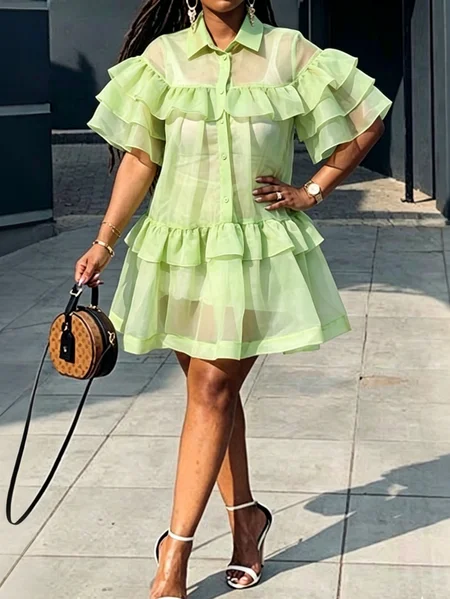 Elegant Plain Peplum Knee Length Dress With an Underlayer