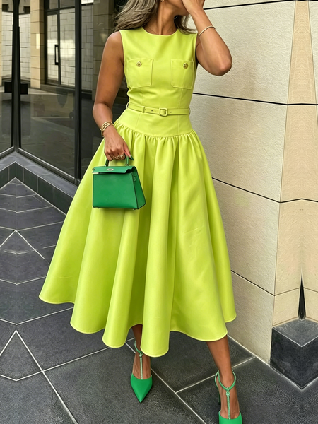 Elegant Plain Crew Neck Maxi Dress With Belt
