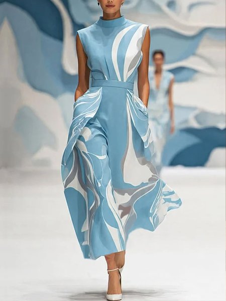 Plus Size Elegant Random Print Stand Collar Midi Dress