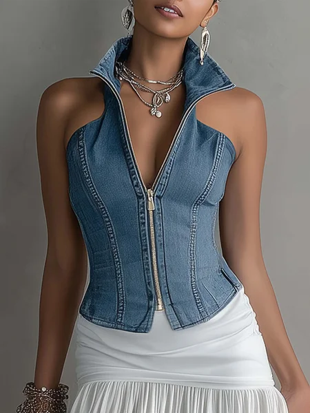 Urban Plain Zipper Shawl Collar Denim Top