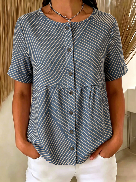 

Crew Neck Short Sleeve Striped Regular Loose Shirt For Women, Denim blue, Shirts