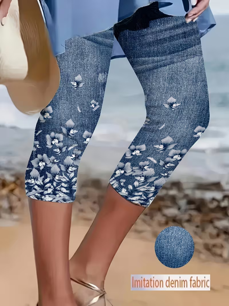 

Women Floral Capris Elastic Waist Pants Casual Summer Trousers, Blue, Leggings