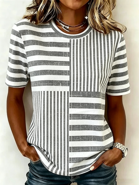 

Casual Striped Crew Neck Short Sleeve T-shirt, Gray, T-shirts