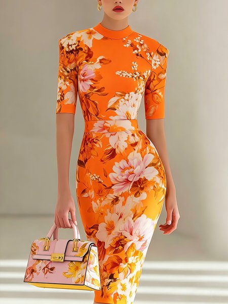Elegant Floral Printing Mock Neck Midi Dress