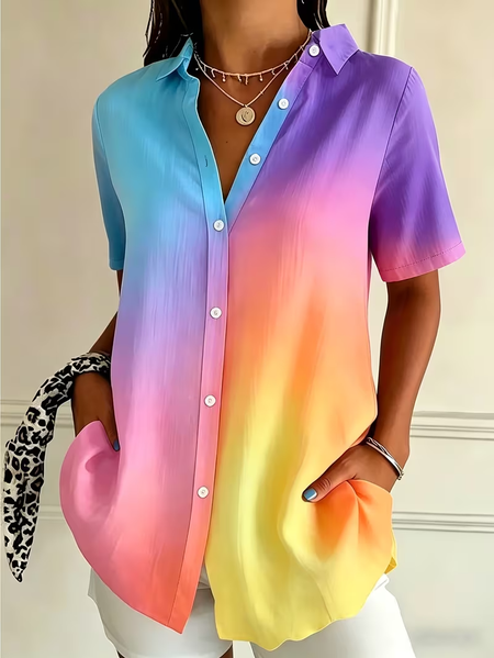 

Women Ombre Shirt Collar Short Sleeve Shirt Printing Casual Daily Summer Top, As picture, Shirts