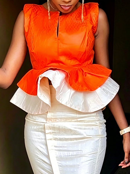 

Elegant Color Block Split Joint Notched Blouse, Orange, Blouses and Shirts