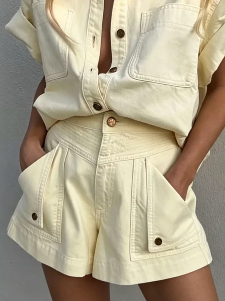 

Cotton Casual Plain Denim Shorts, Light yellow, Denim Shorts