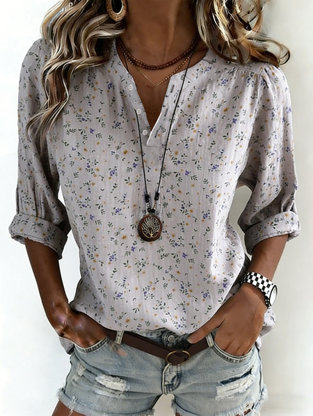 

Long Sleeve Ditsy Floral Regular Micro-Elasticity Loose Shirt For Women, Gray, Shirts