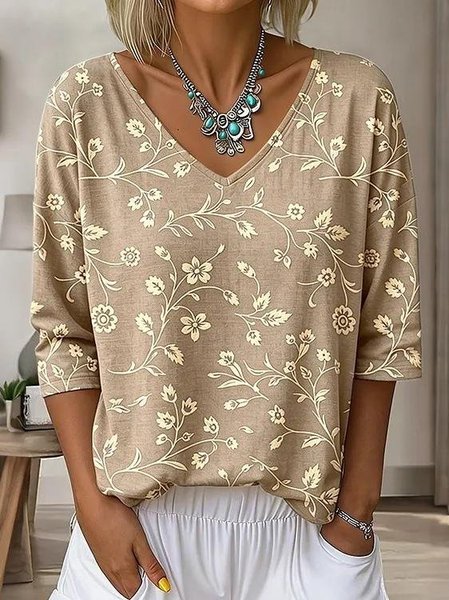 Vintage Floral V Neck Long Sleeve T-shirt