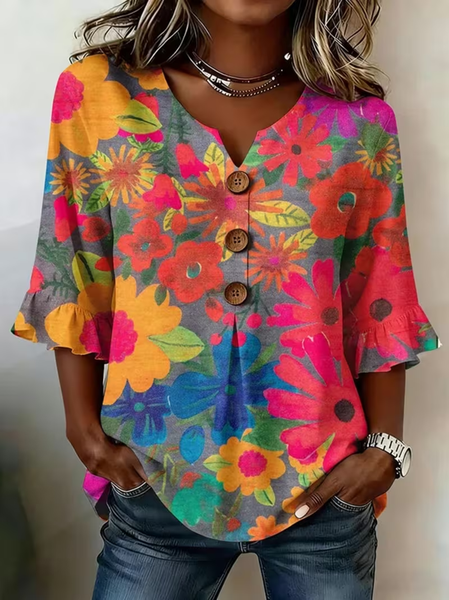 

Women Floral V Neck Half Sleeve Blouse Printing Vintage Daily Summer Top, As picture, Blouses