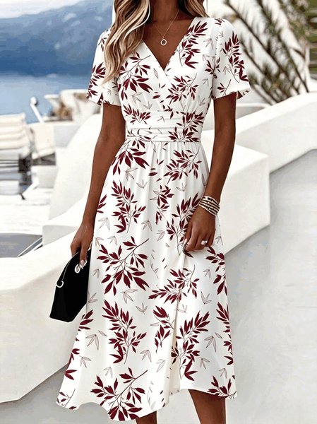 

Women Leaf Summer Dress V Neck Short Sleeve Beach Dress A-Line Dress, Cameo brown, Dresses