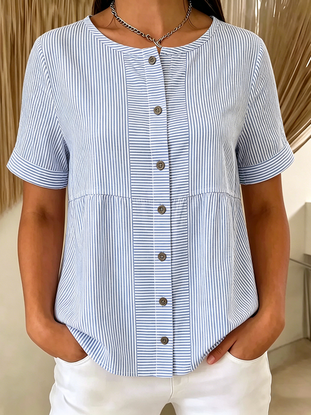 

Crew Neck Short Sleeve Striped Regular Loose Shirt For Women, Blue, Shirts