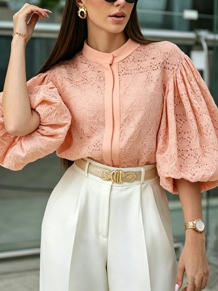

Cotton Urban Plain Hollow Out Puff Sleeve Shirt, Orange red, Blouses and Shirts