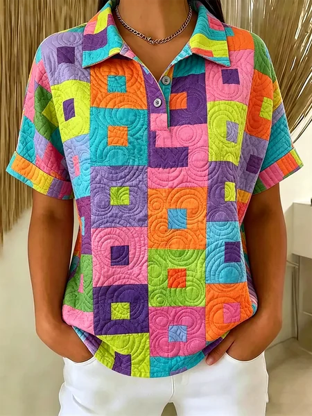 

Vintage Geometric Polo Collar Short Sleeve T-shirt, As picture, T-shirts