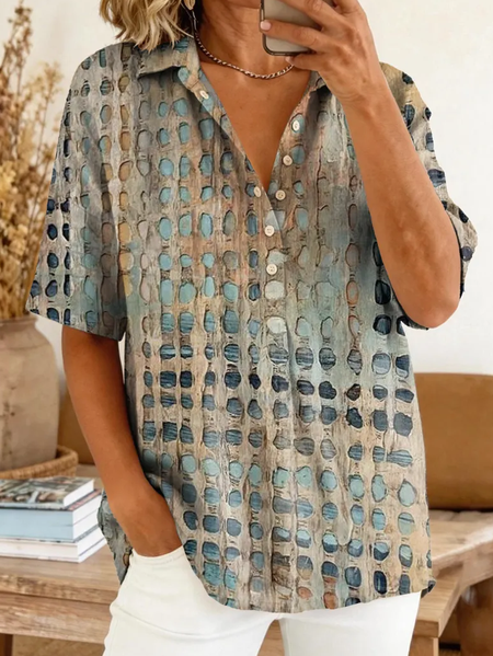 

Shirt Collar Short Sleeve Abstract Printing Regular Micro-Elasticity Loose Button Up Shirt Shirt For Women, As picture, Shirts