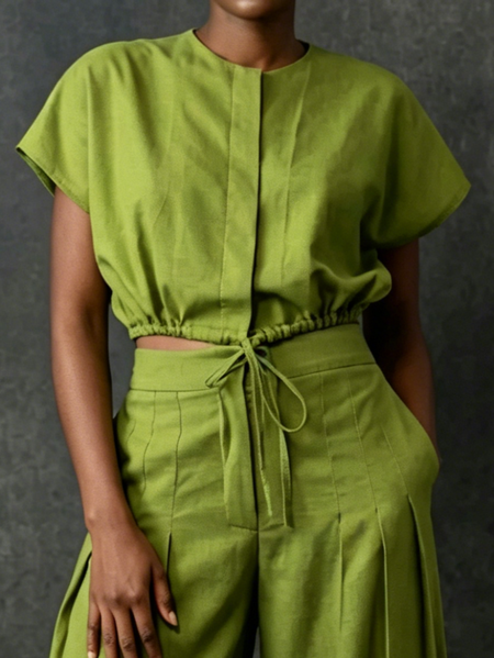 Cotton And Linen Urban Plain Drawstring Crew Neck Blouse
