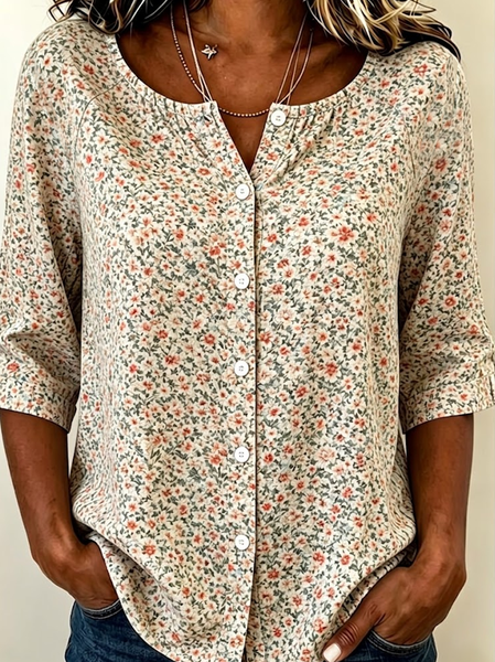 

Women Floral Crew Neck Half Sleeve Shirt Printing Casual Daily Summer Top, Apricot, Shirts