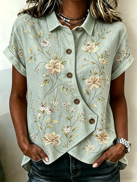 Women Floral Shawl Collar Short Sleeve Shirt Printing Vintage Daily Summer Top